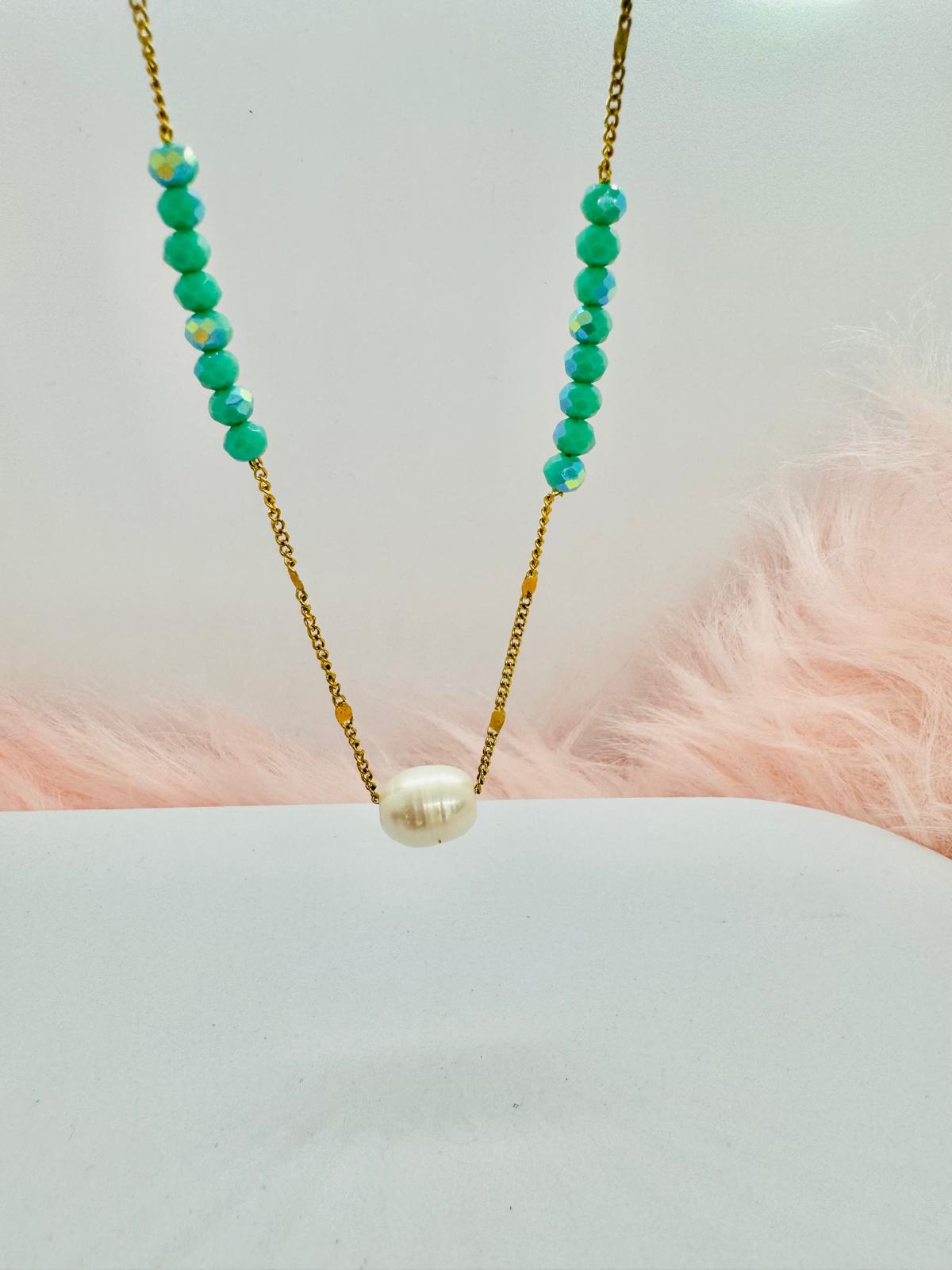 Collier en Acier Inoxydable avec Pierres Naturelles et Perle d'Eau Douce