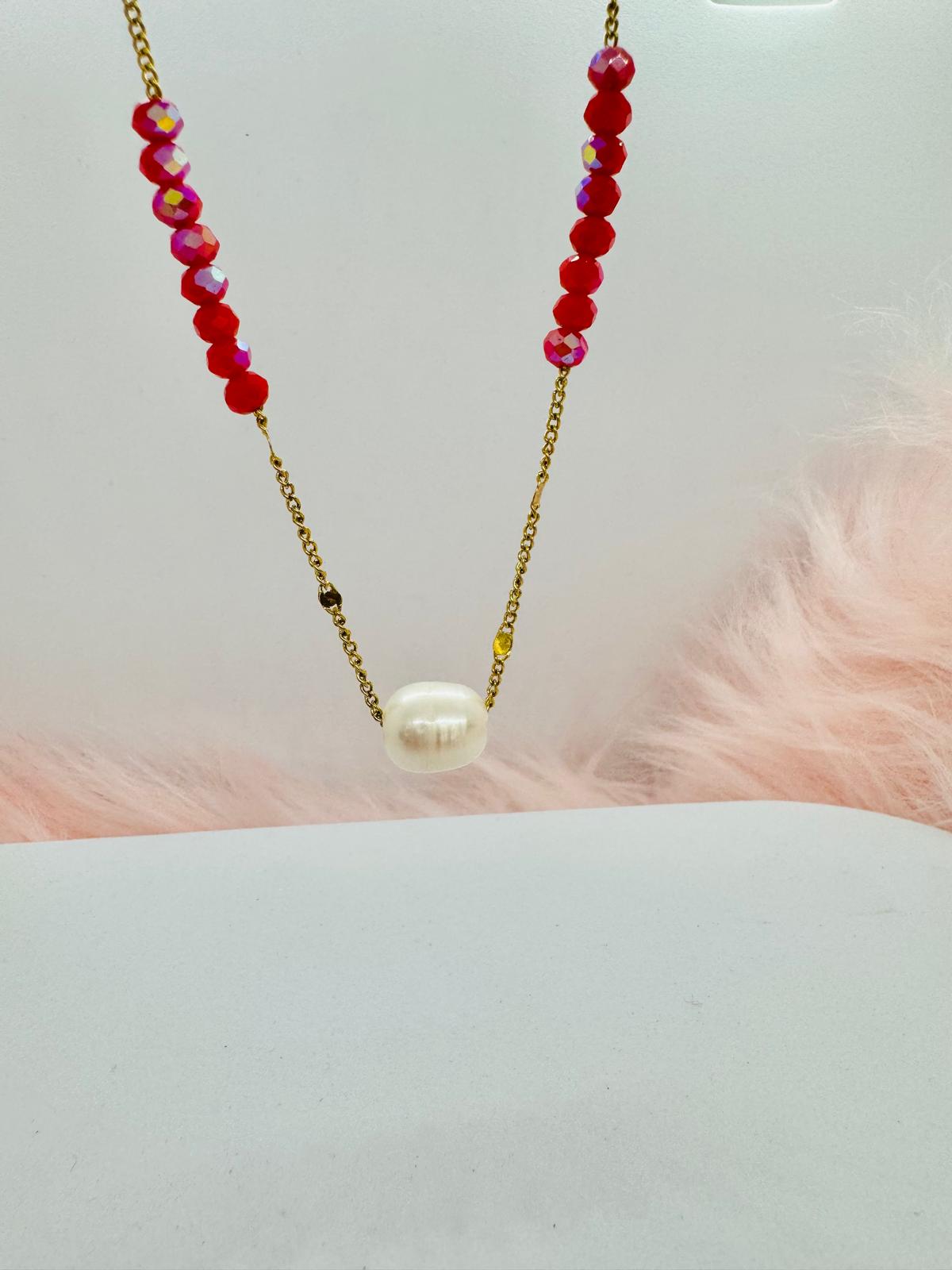 Collier en Acier Inoxydable avec Pierres Naturelles et Perle d'Eau Douce