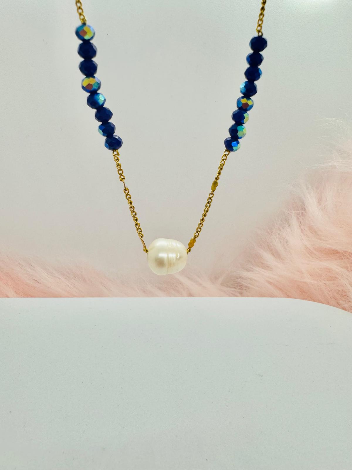 Collier en Acier Inoxydable avec Pierres Naturelles et Perle d'Eau Douce