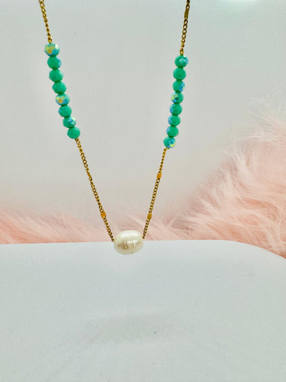 Collier en Acier Inoxydable avec Pierres Naturelles et Perle d'Eau Douce