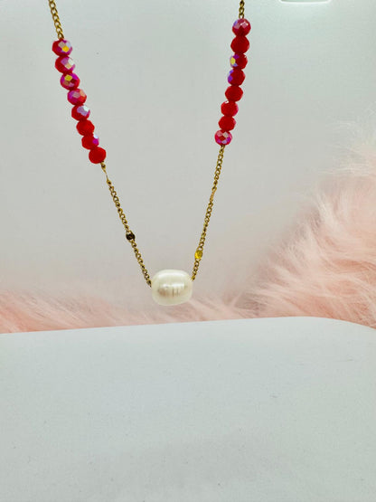 Collier en Acier Inoxydable avec Pierres Naturelles et Perle d'Eau Douce