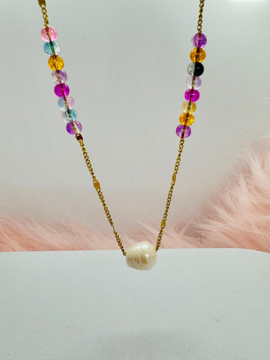 Collier en Acier Inoxydable Doré et Argenté avec Pierres et Perles Naturelles