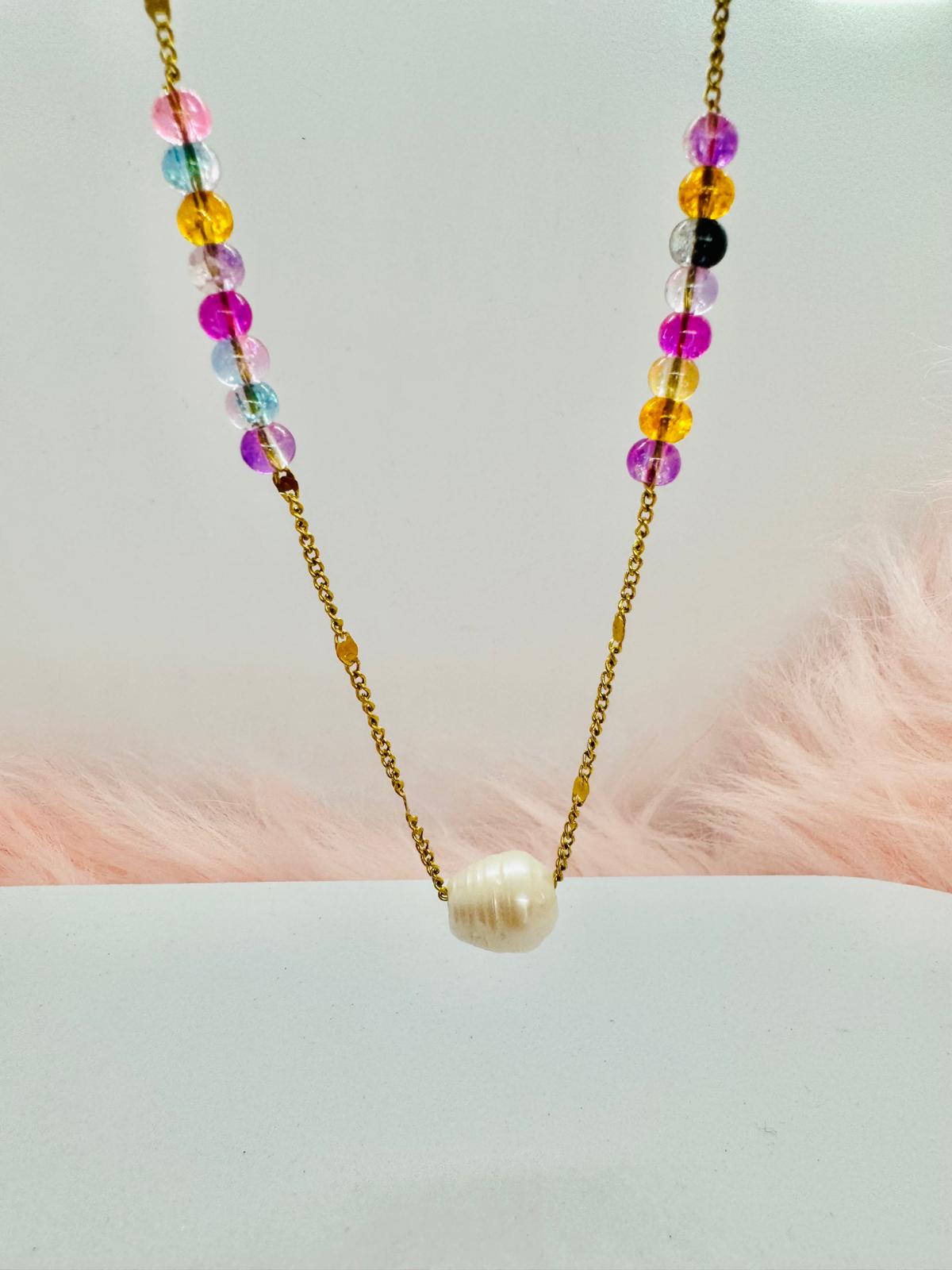 Collier en Acier Inoxydable avec Pierres Naturelles et Perle d'Eau Douce