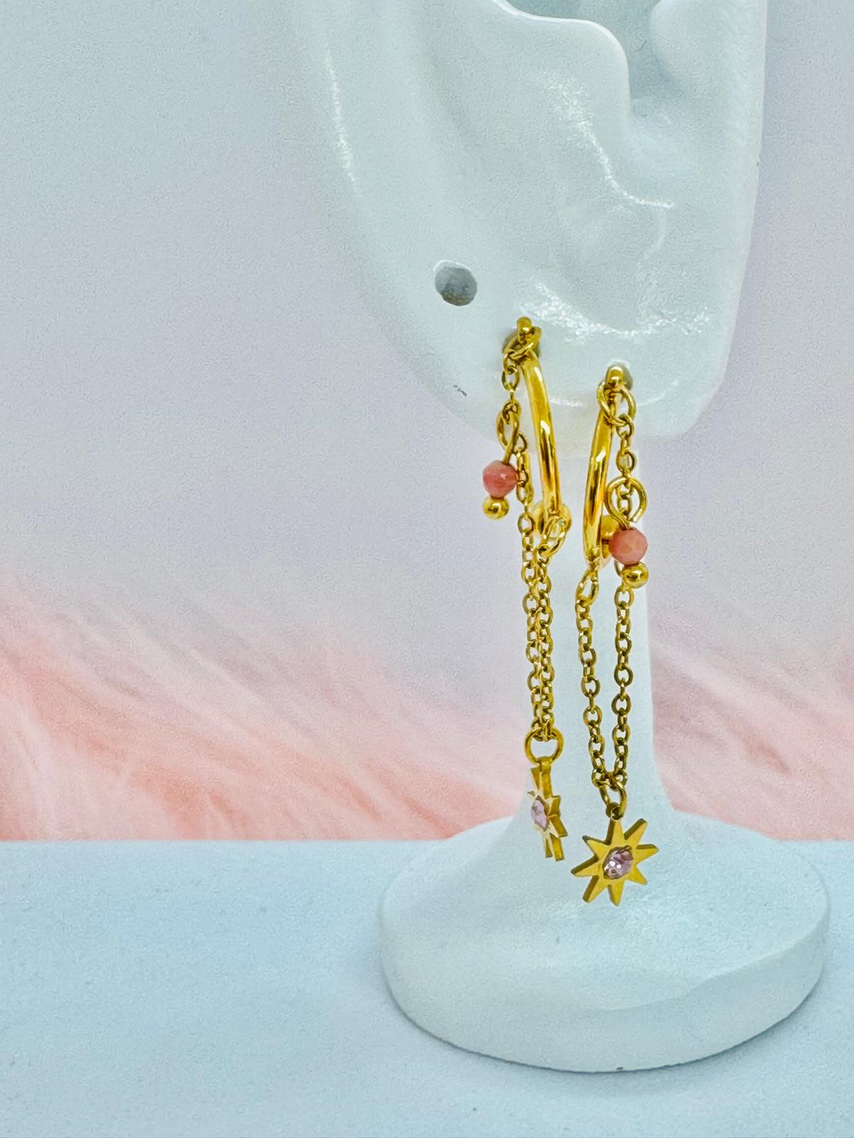 Boucles d'Oreilles Chaîne avec Pendentif Étoile et Strass Rose