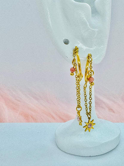 Boucles d'Oreilles Chaîne avec Pendentif Étoile et Strass Rose