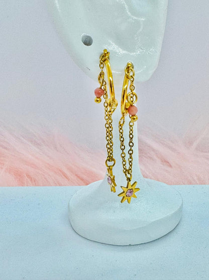 Boucles d'Oreilles Chaîne avec Pendentif Étoile et Strass Rose
