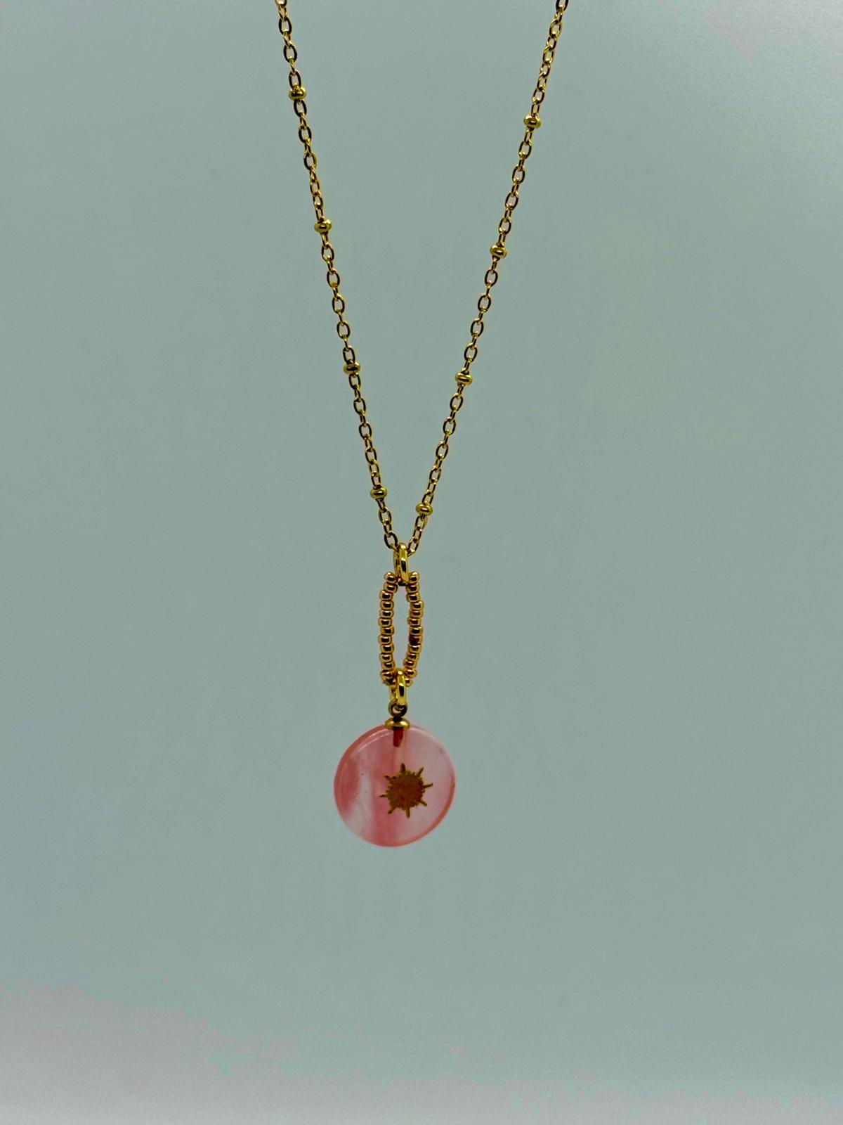 Collier en Acier Inoxydable avec Pendentif Soleil Doré Rose et argenté vert cendre