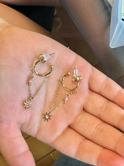 Boucles d'Oreilles Chaîne avec Pendentif Étoile et Strass Rose